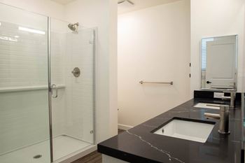 A bathroom with a black countertop and a walk-in shower.